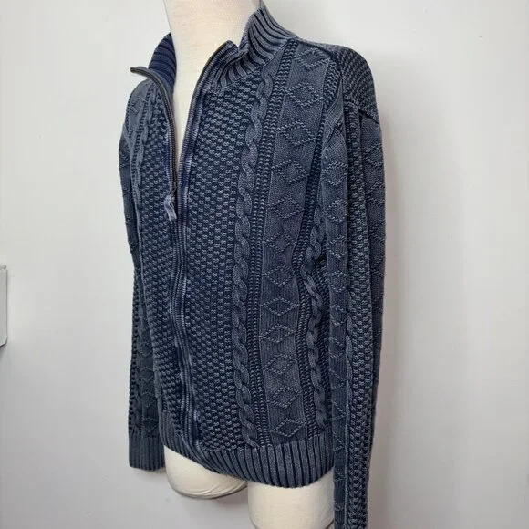 Carbon 2 Cobalt Sweater Size L Stavenger Blue Full Zip Cable Knit Linen Cotton - Picture 4 of 13